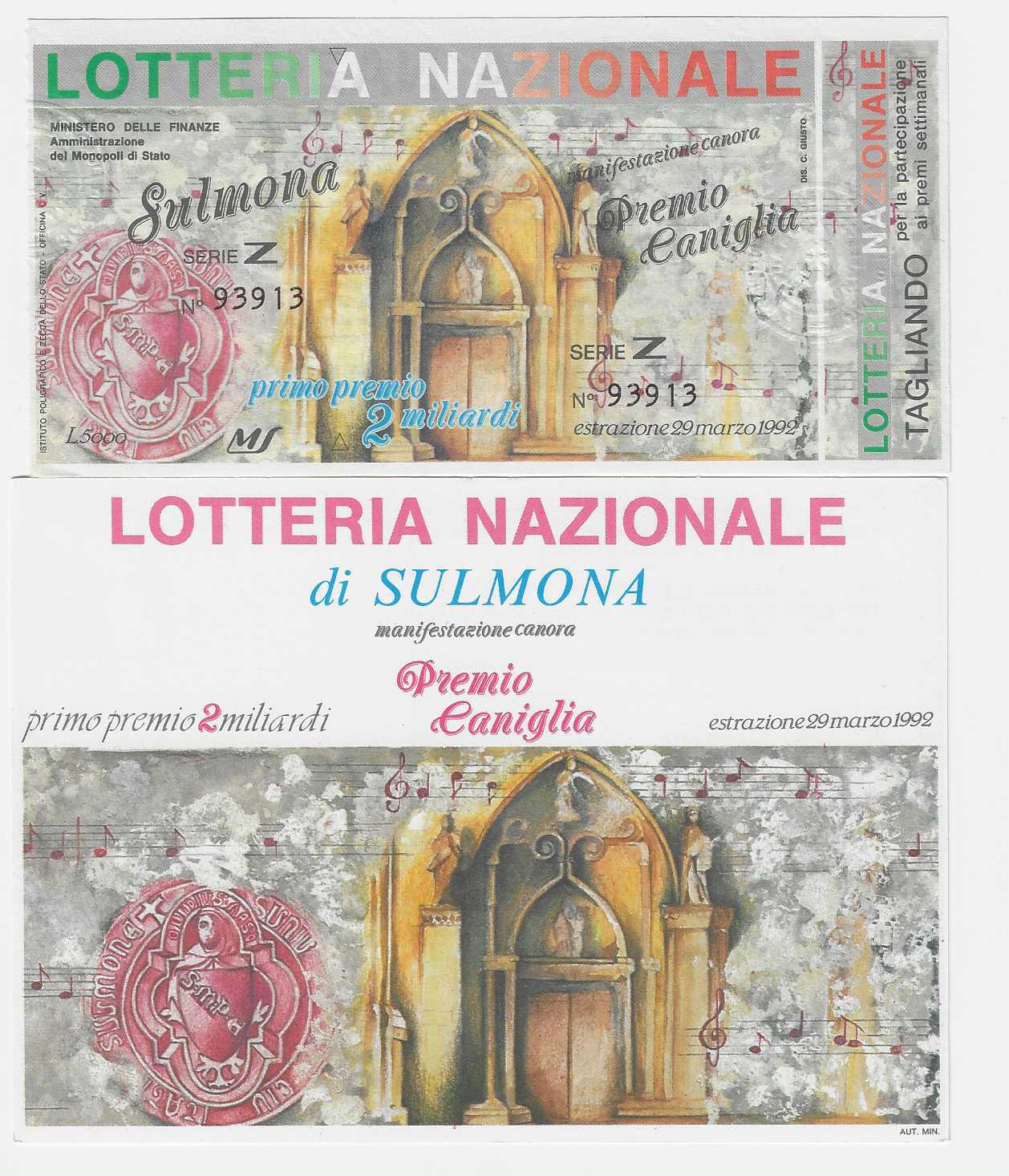 Biglietto Lotteria Nazionale Sulmona Premio Caniglia 1992 con cartolina