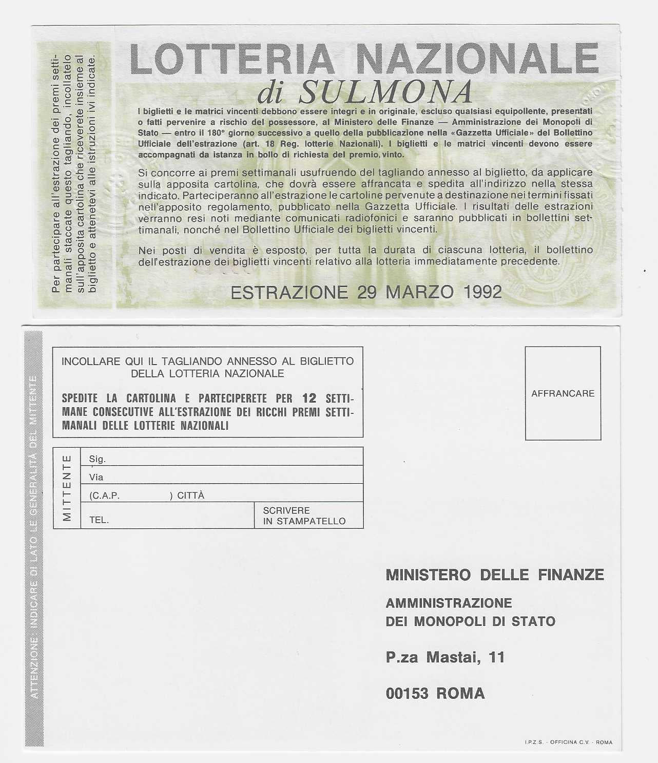 Biglietto Lotteria Nazionale Sulmona Premio Caniglia 1992 con cartolina