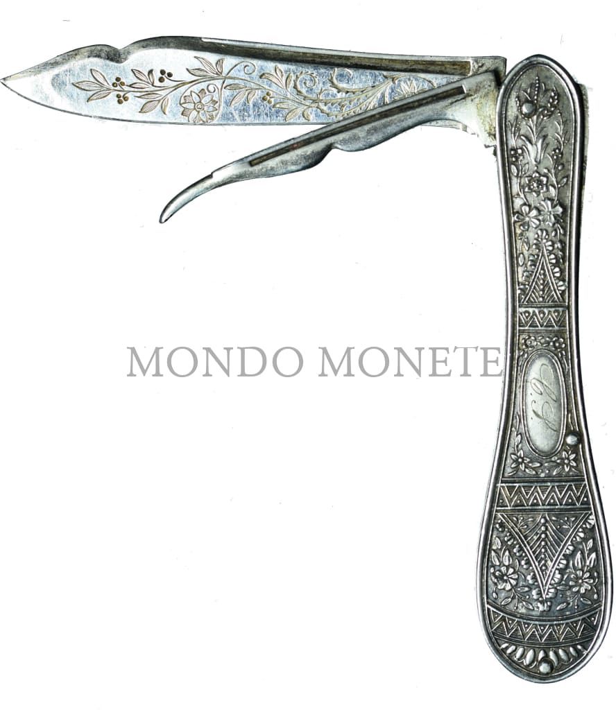 Antico Coltello Da Frutta Pieghevole In Argento Sterling / 800 Per Noci Lama Incisa. Orologi E