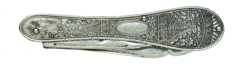 Antico Coltello Da Frutta Pieghevole In Argento Sterling / 800 Per Noci Lama Incisa. Orologi E